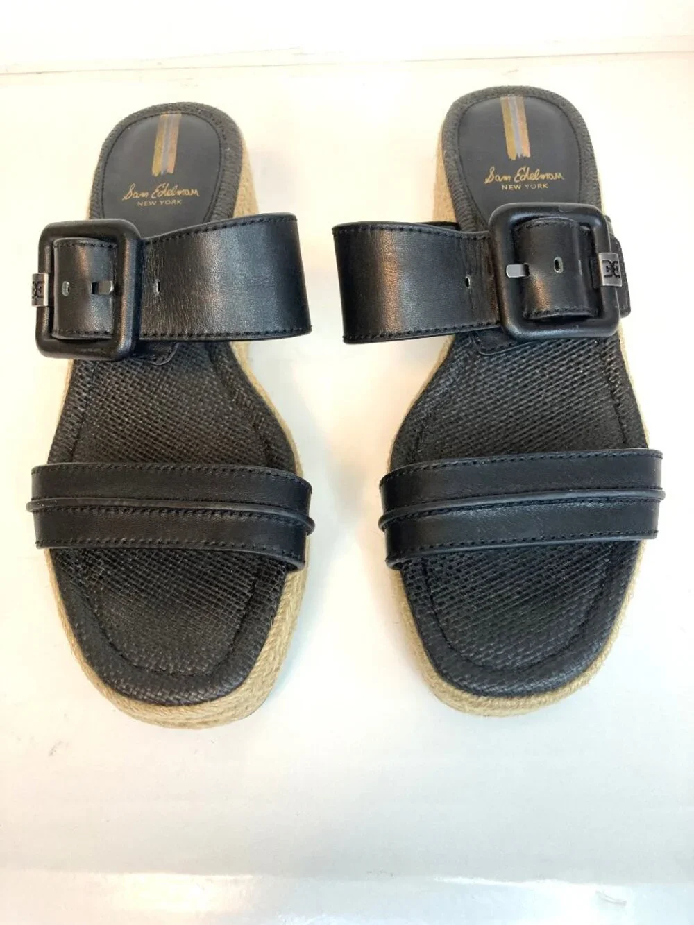 Sam Edelman Carson Espadrille Wedge Sandals-Black Leather-Size 8.5M